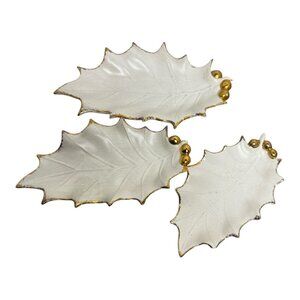 Gold & White Ceramic Holly Leaf Trinket Dish Set Gilded Edge & Berries Vtg MCM